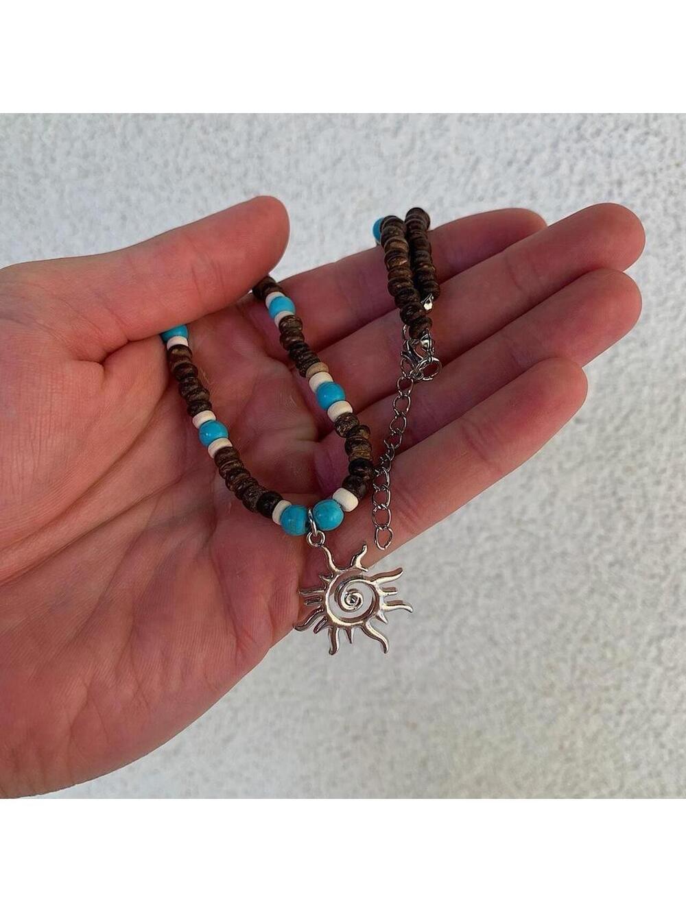 Y2k 2000s style Wood Beaded dark brown and blue mixed wood Necklace with Cyber - Picture 6 of 8